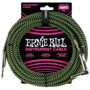 ERNIE BALL 6077 - кабель инструментальный, оплетёный, 3,05 м, прямой/угловой джеки, черный/зеленый