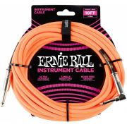 ERNIE BALL 6079 - кабель инструментальный, оплетёный, 3,05 м, прямой/угловой джеки, оранжевый неон